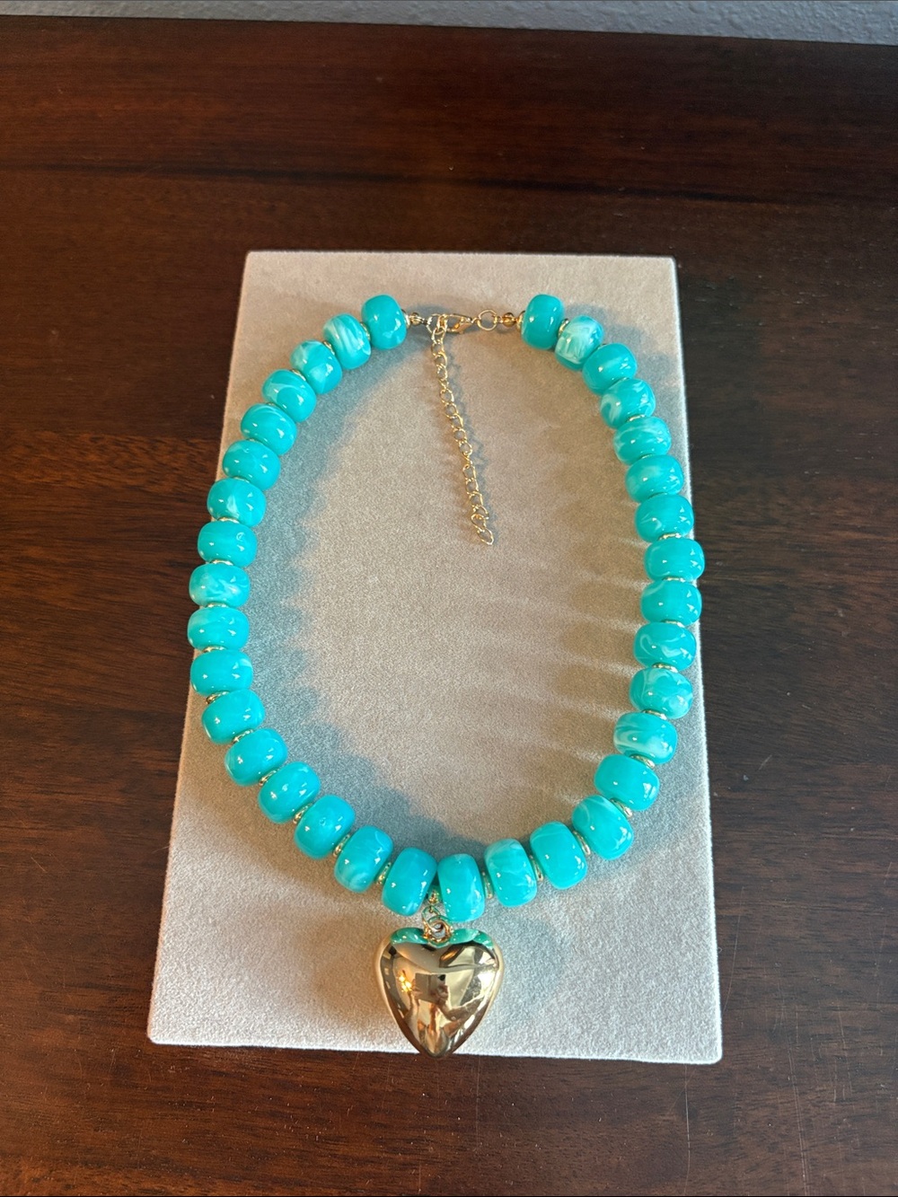 Turquoise Bead Necklace with Gold Heart Pendant